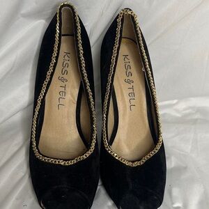 Black Peep Toe Heels with Gold Trim